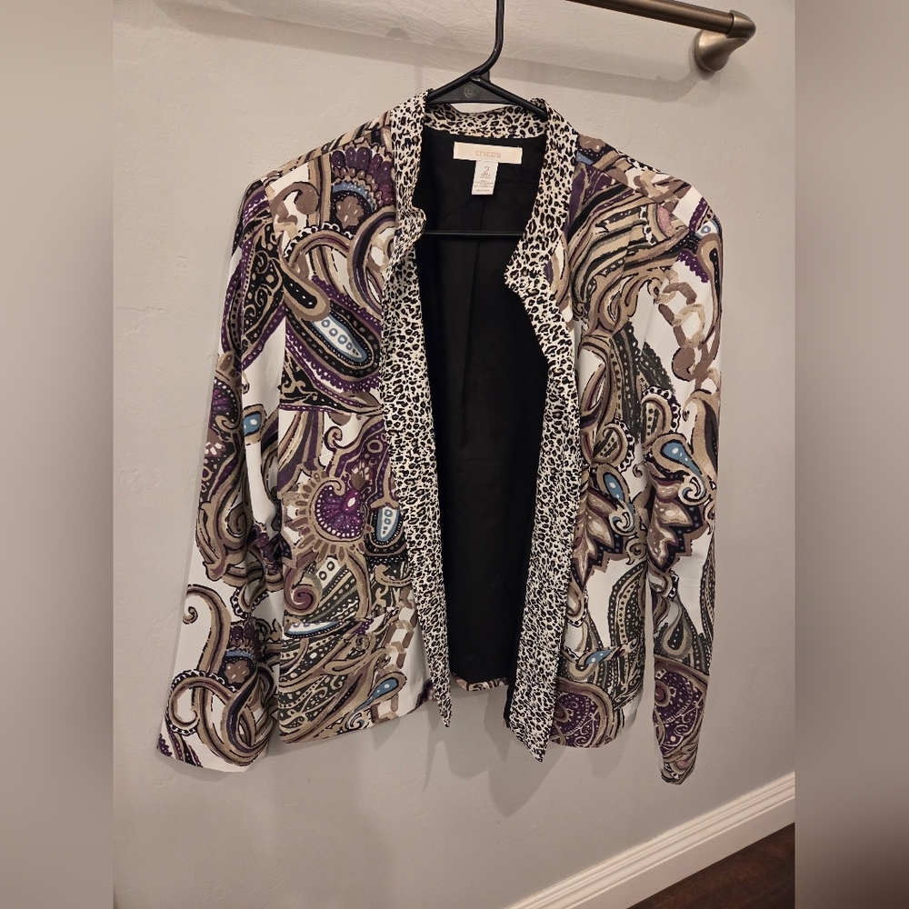 Chico's paisley print blazer jacket with a leopard print trim.